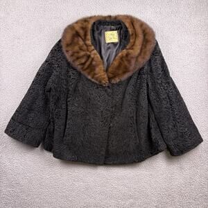VTG Macy’s Little Shop Fur Coat Womens Large Mink Trim Lamb Retro Cropped